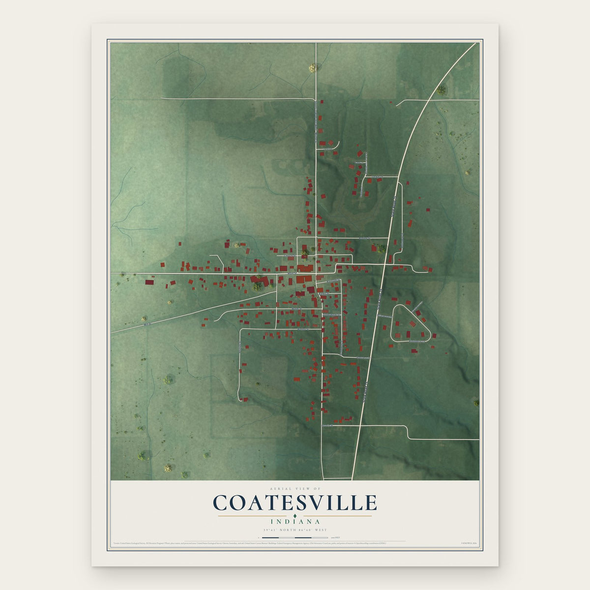 Coatesville, Indiana map print, the full design