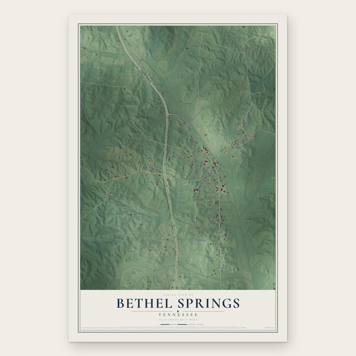 Bethel Springs, Tennessee map print, the full design