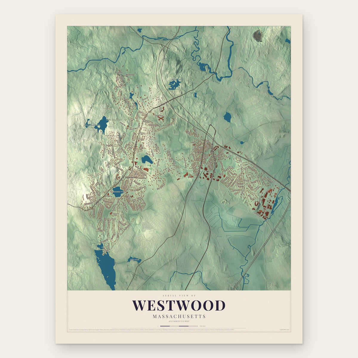 Westwood, Massachusetts map print, the full design