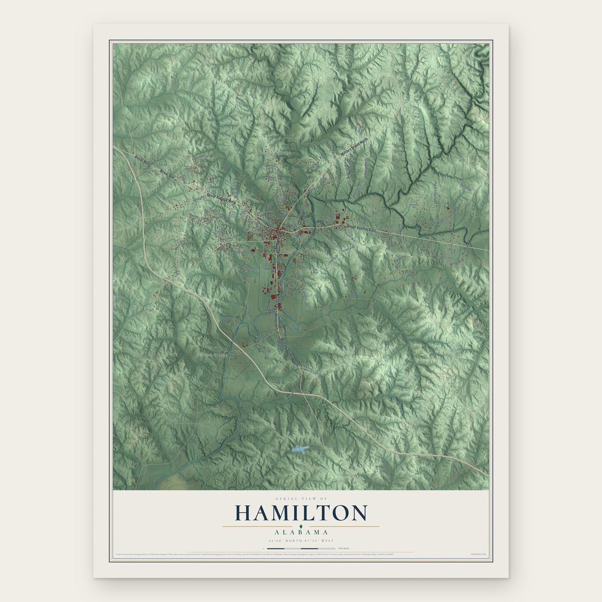 Hamilton, Alabama map print, the full design