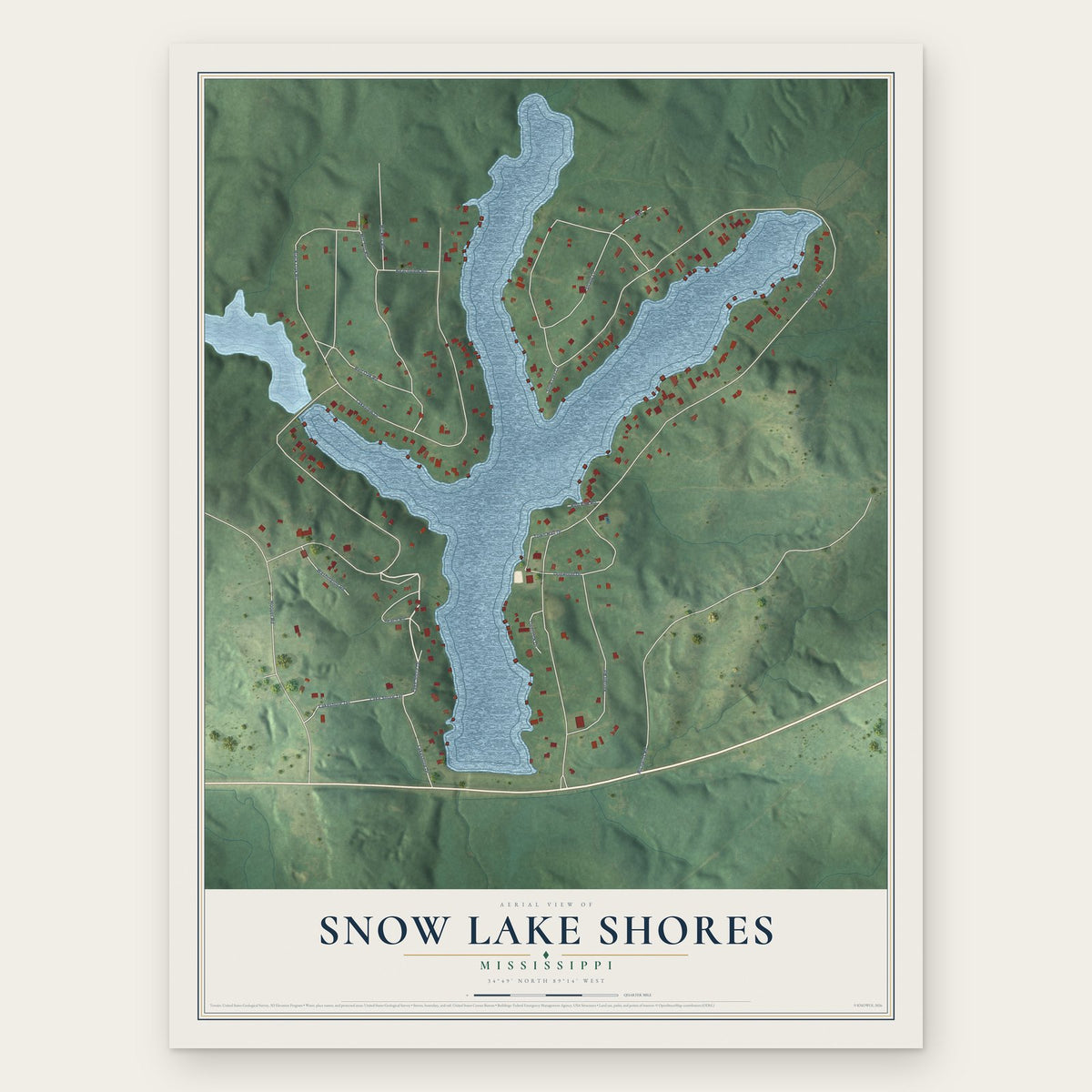 Snow Lake Shores, Mississippi map print, the full design