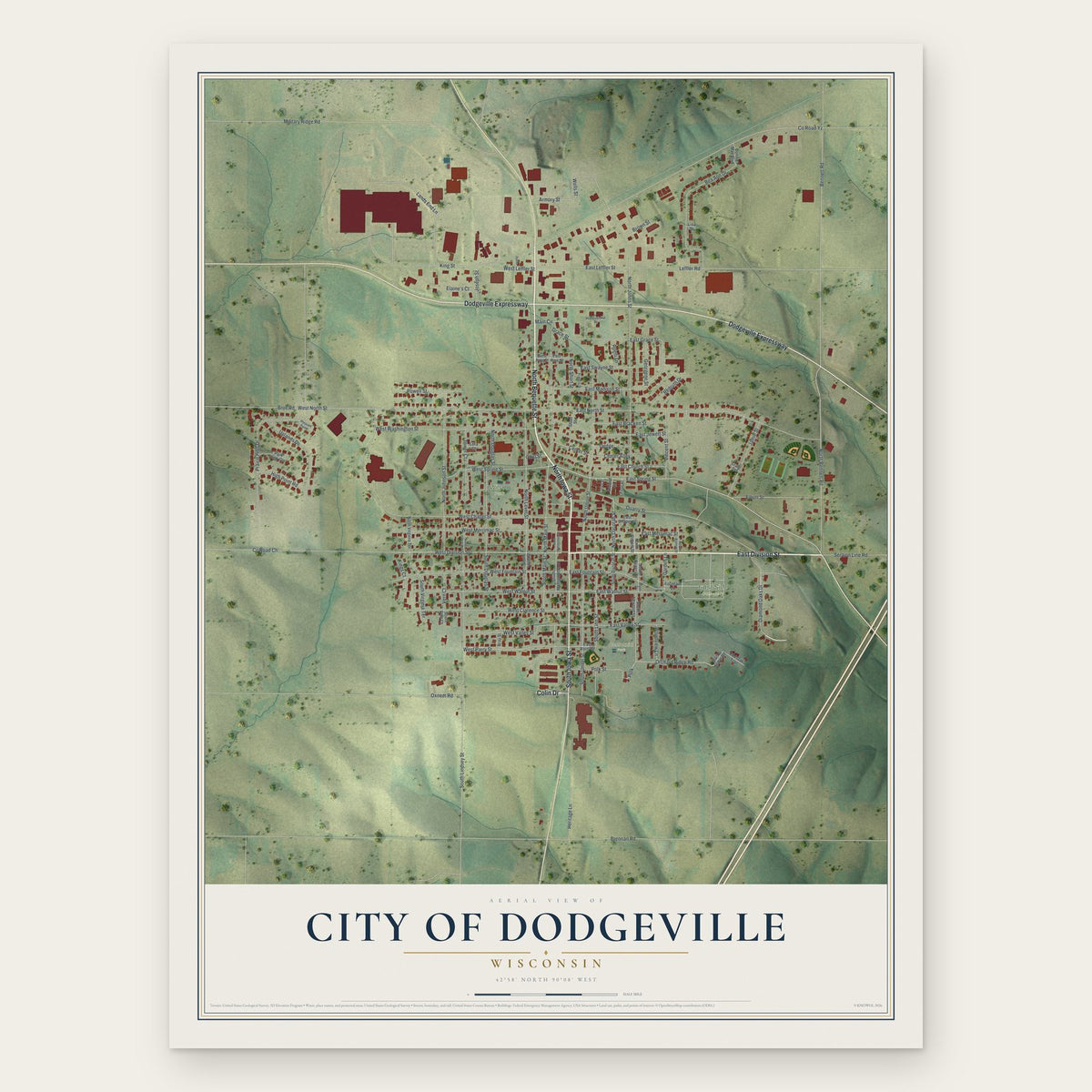 Dodgeville, Wisconsin map print, the full design