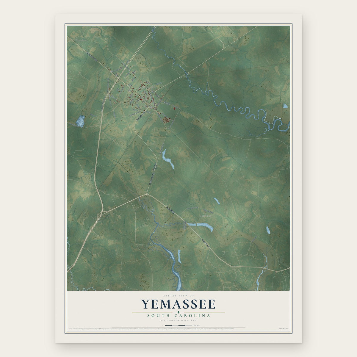 Yemassee, South Carolina map print, the full design