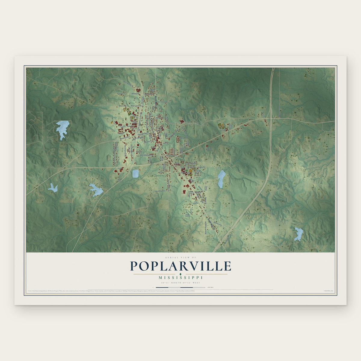 Poplarville, Mississippi map print, the full design