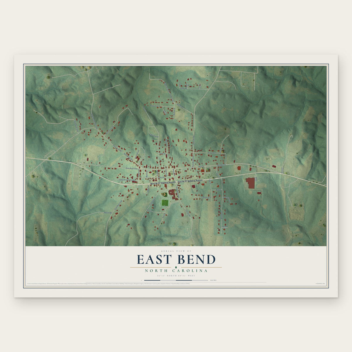 East Bend, North Carolina map print, the full design
