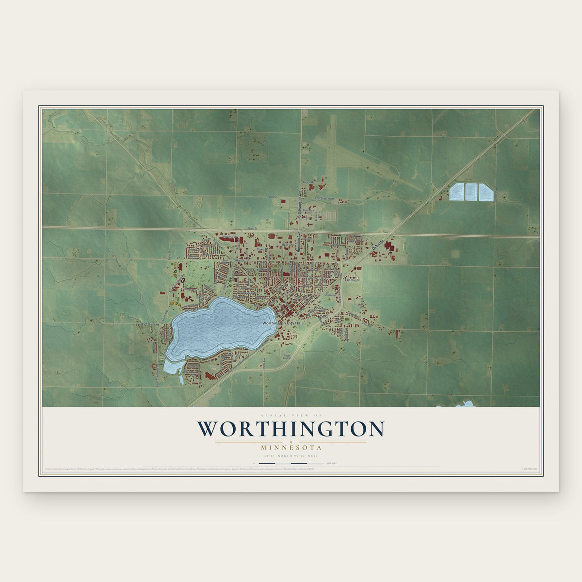 Worthington, Minnesota map print, the full design