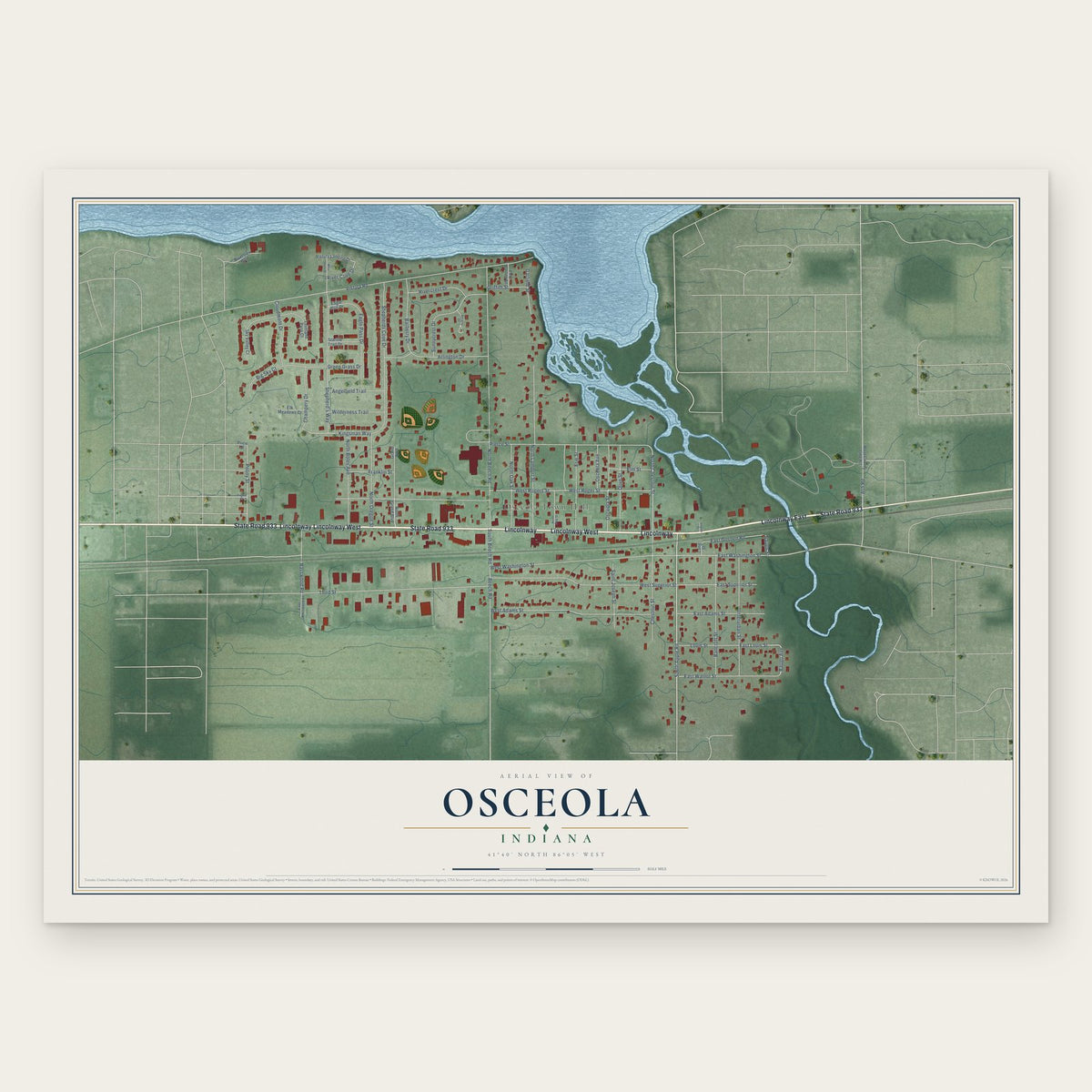 Osceola, Indiana map print, the full design