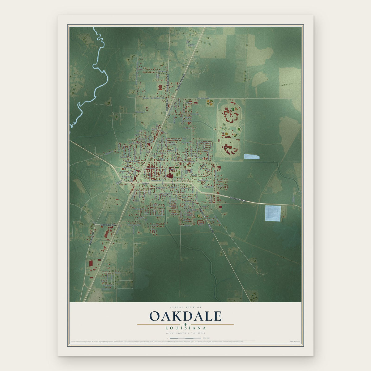 Oakdale, Louisiana map print, the full design