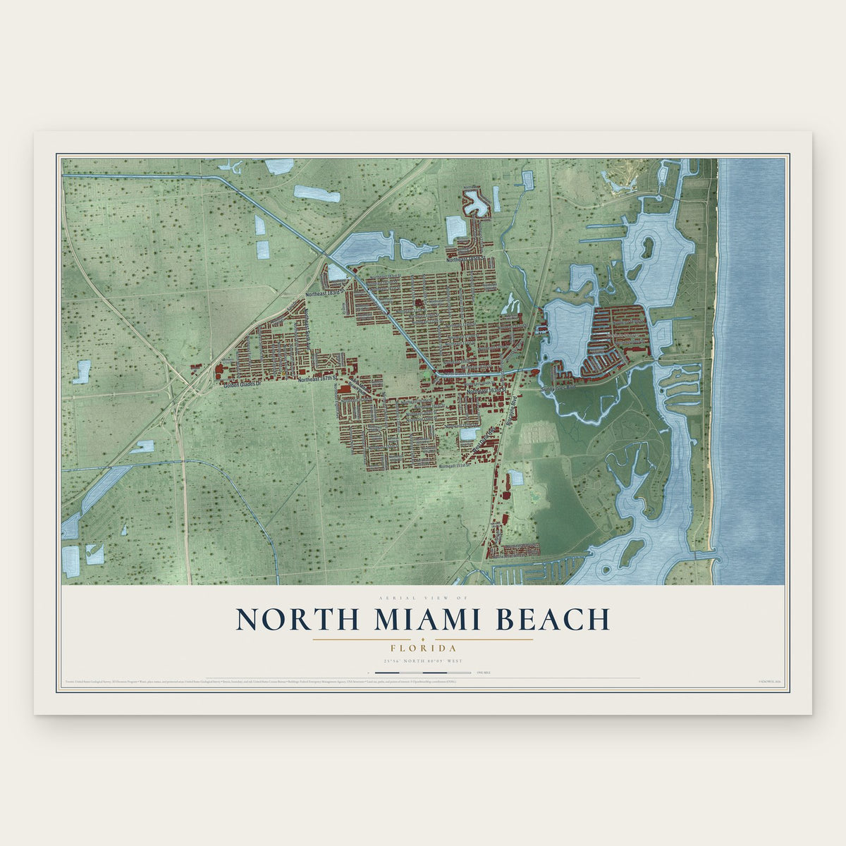 North Miami Beach, Florida map print, the full design