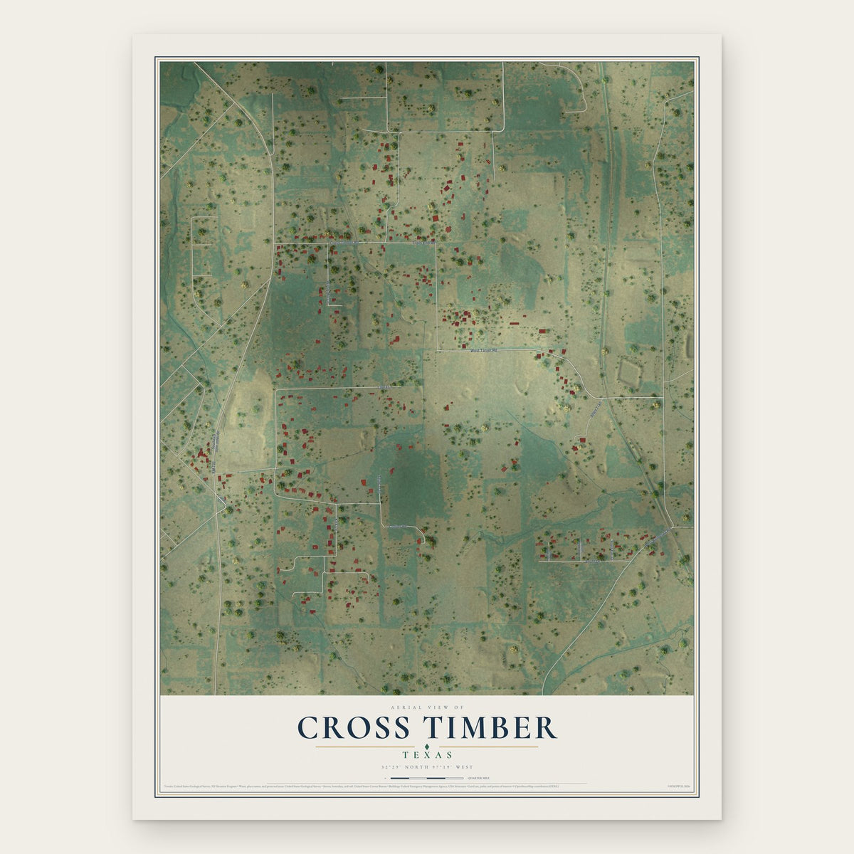 Cross Timber, Texas map print, the full design