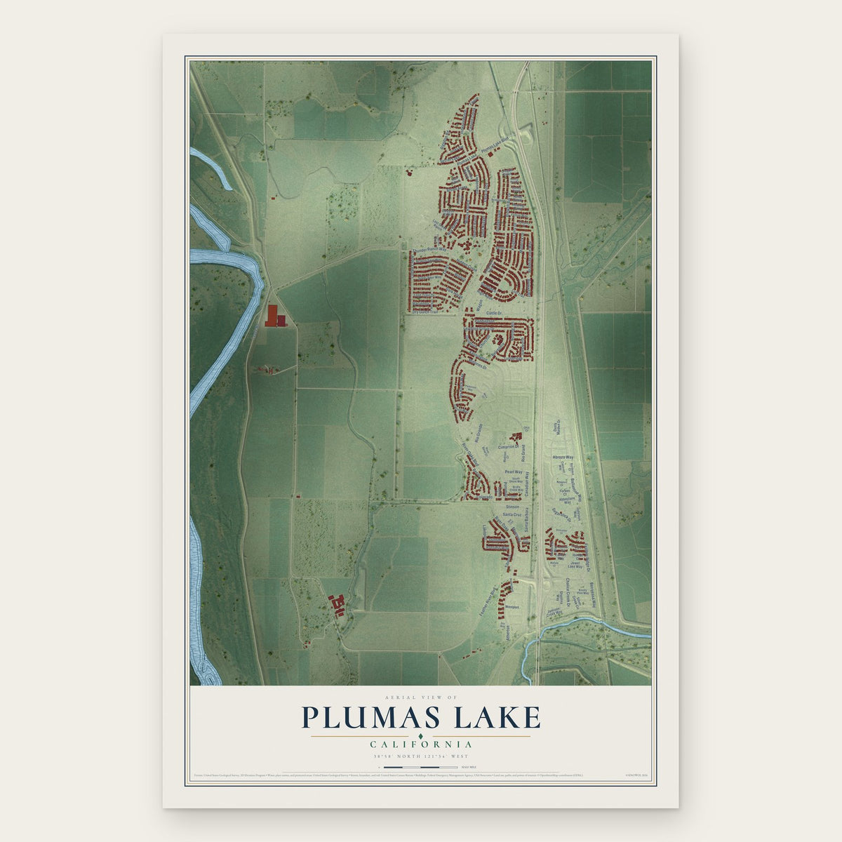 Plumas Lake, California map print, the full design