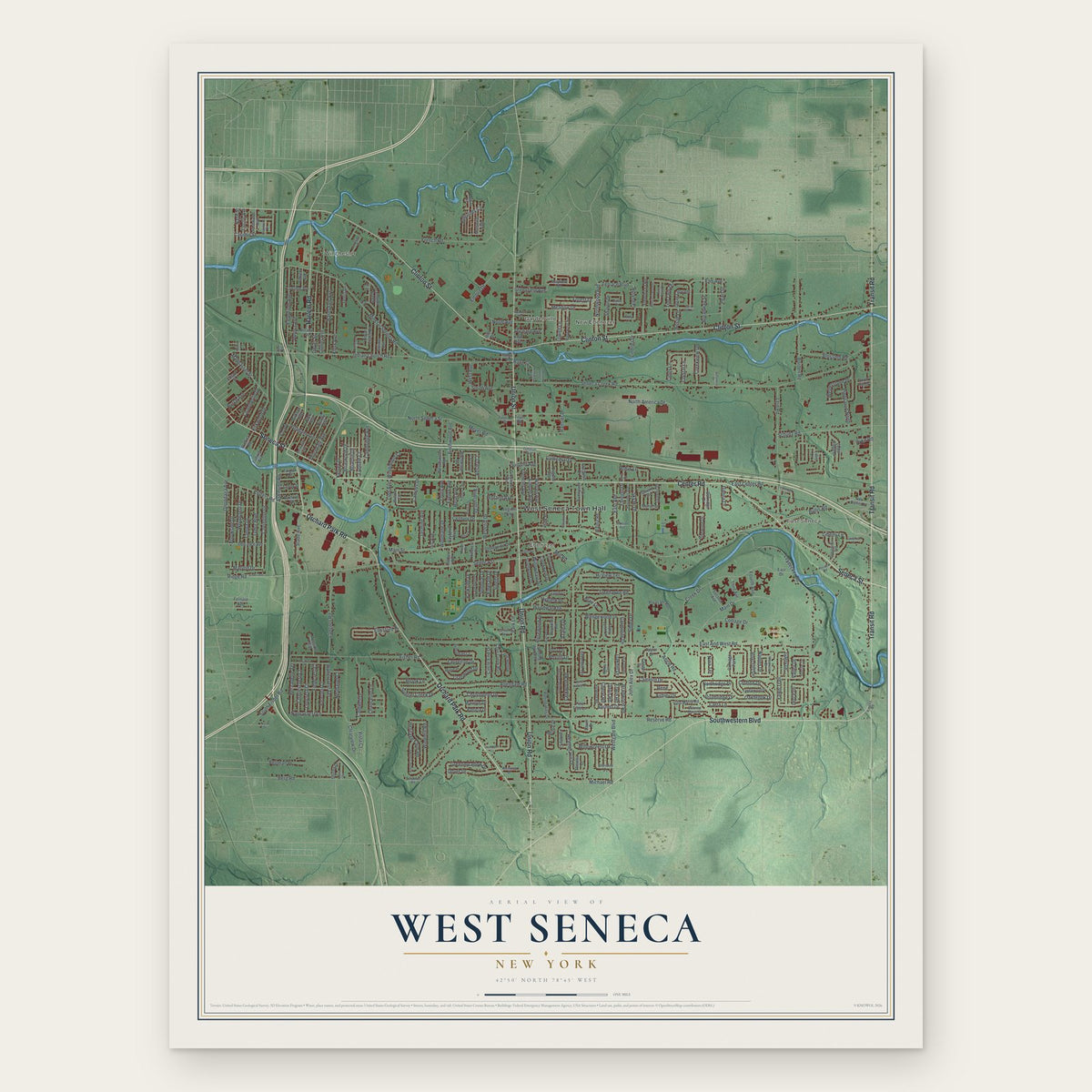 West Seneca, New York map print, the full design