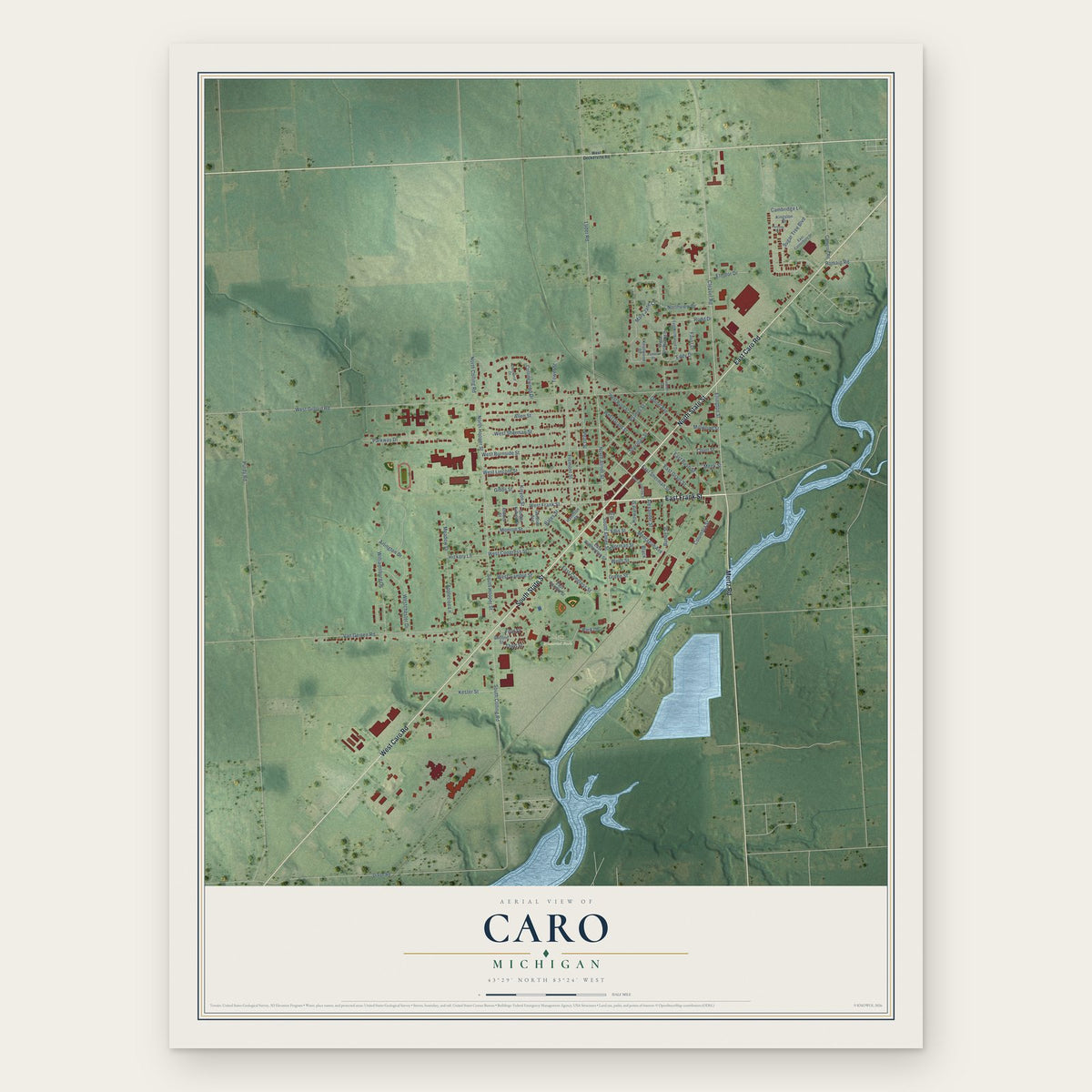 Caro, Michigan map print, the full design