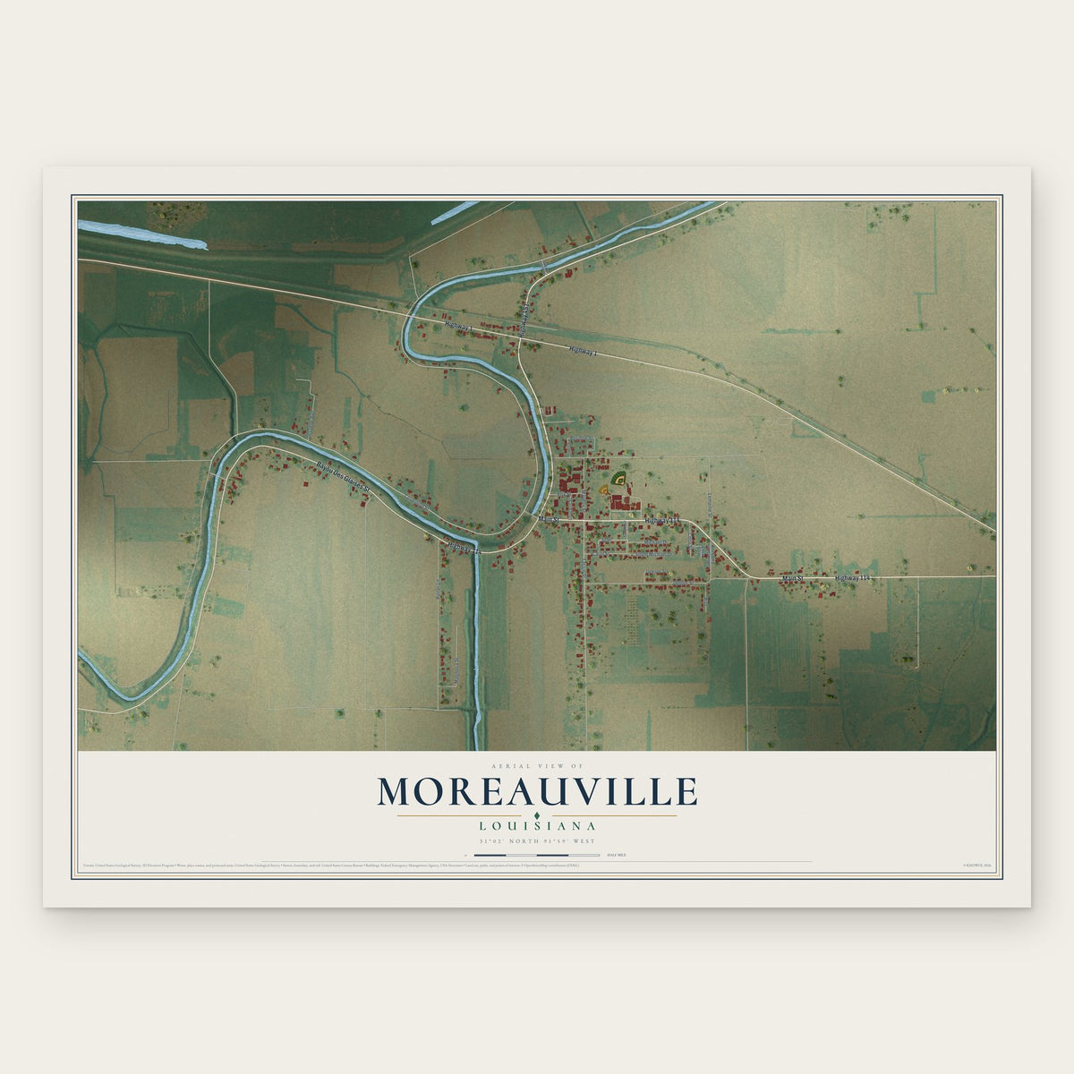 Moreauville, Louisiana map print, the full design