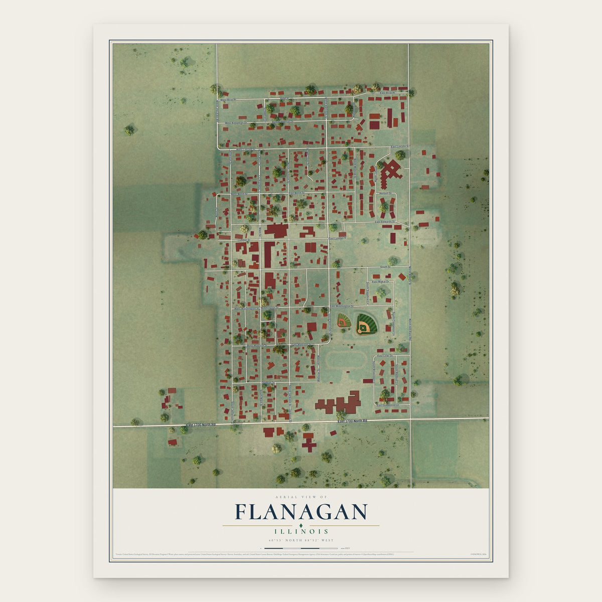Flanagan, Illinois map print, the full design