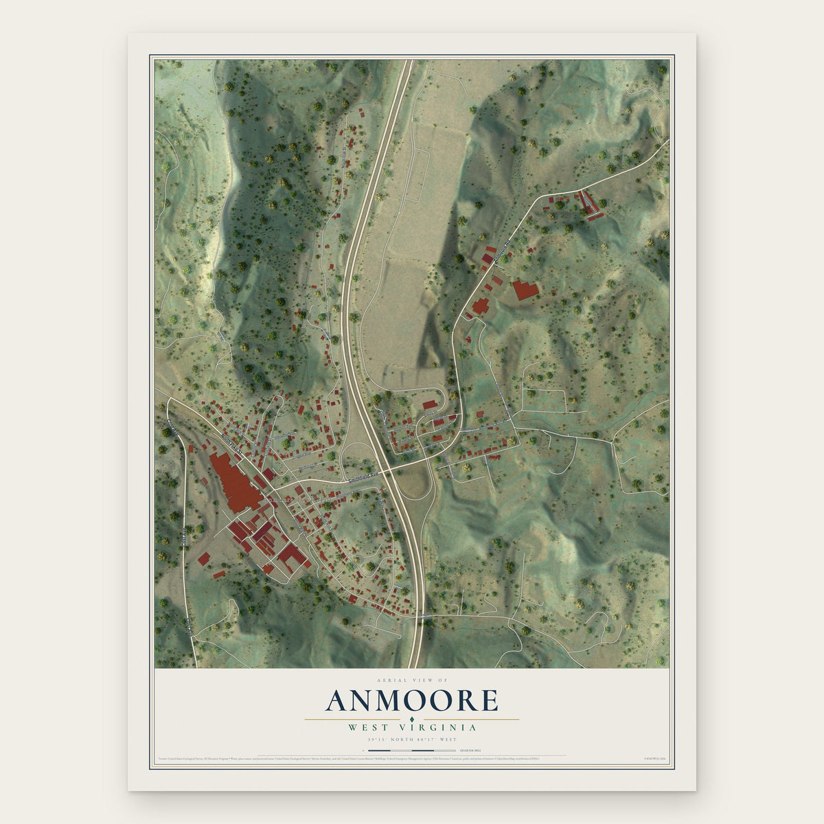 Anmoore, West Virginia map print, the full design