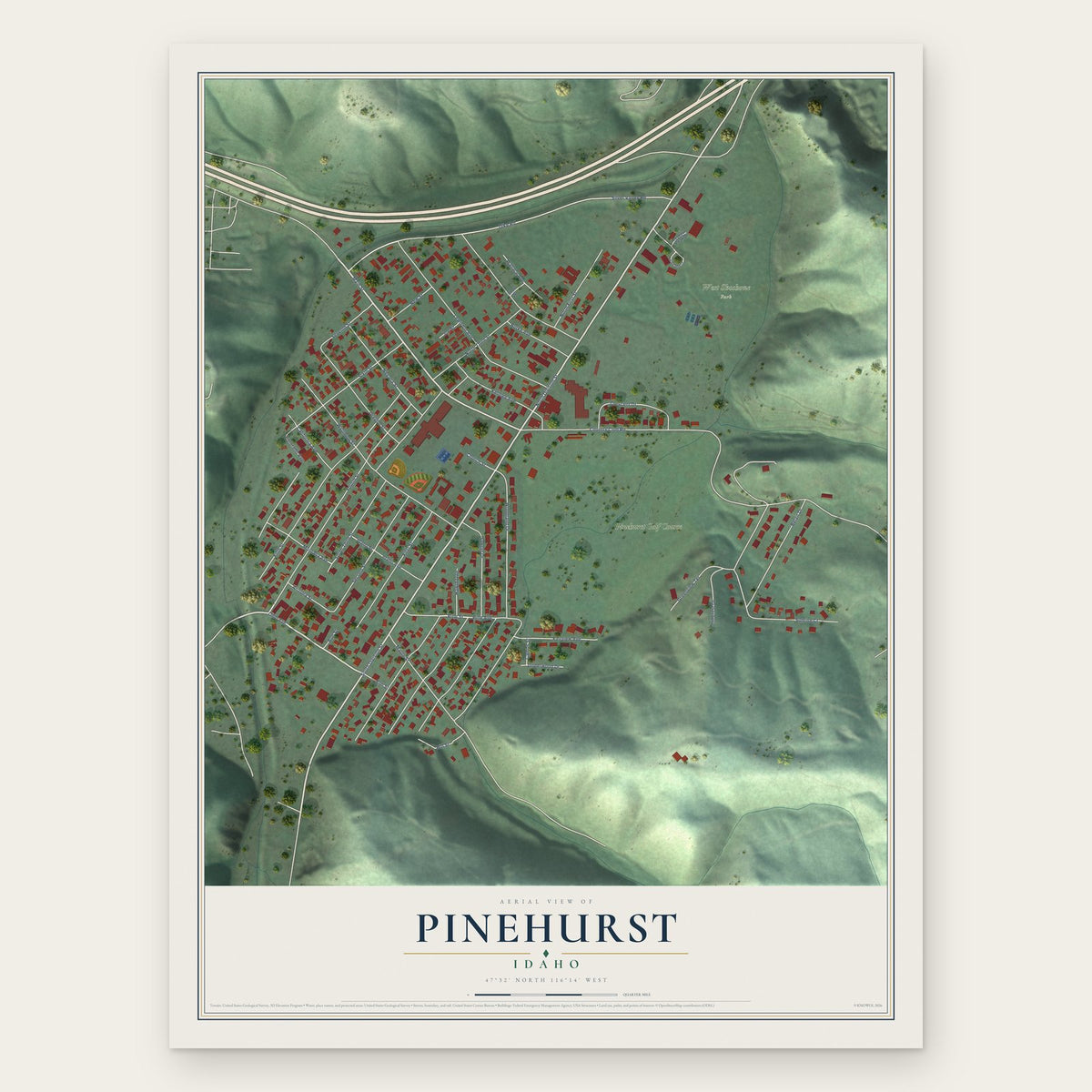 Pinehurst, Idaho map print, the full design