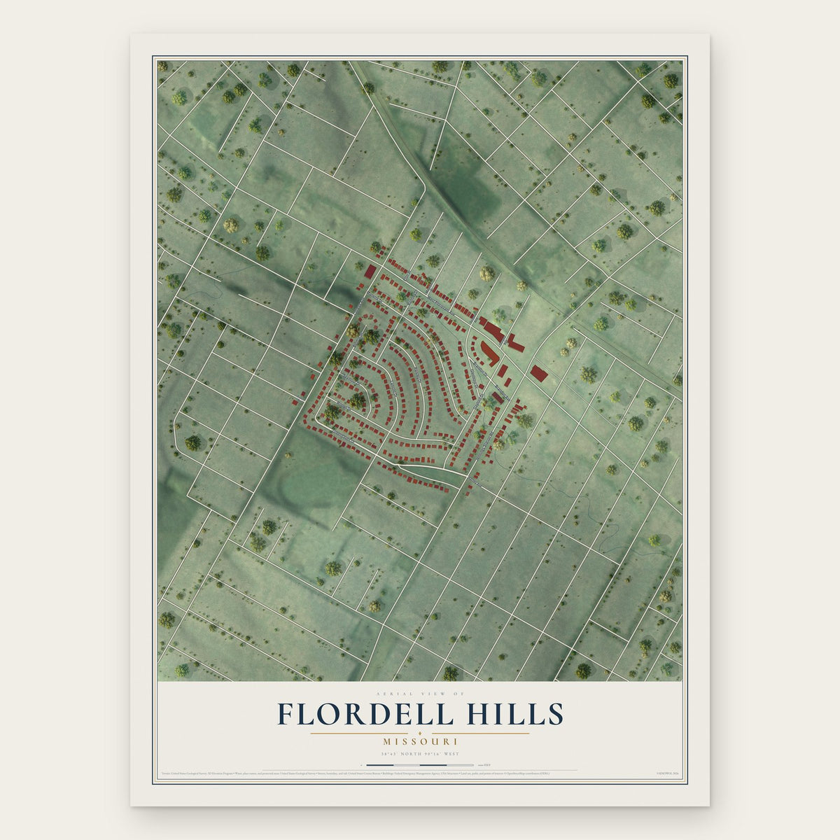 Flordell Hills, Missouri map print, the full design
