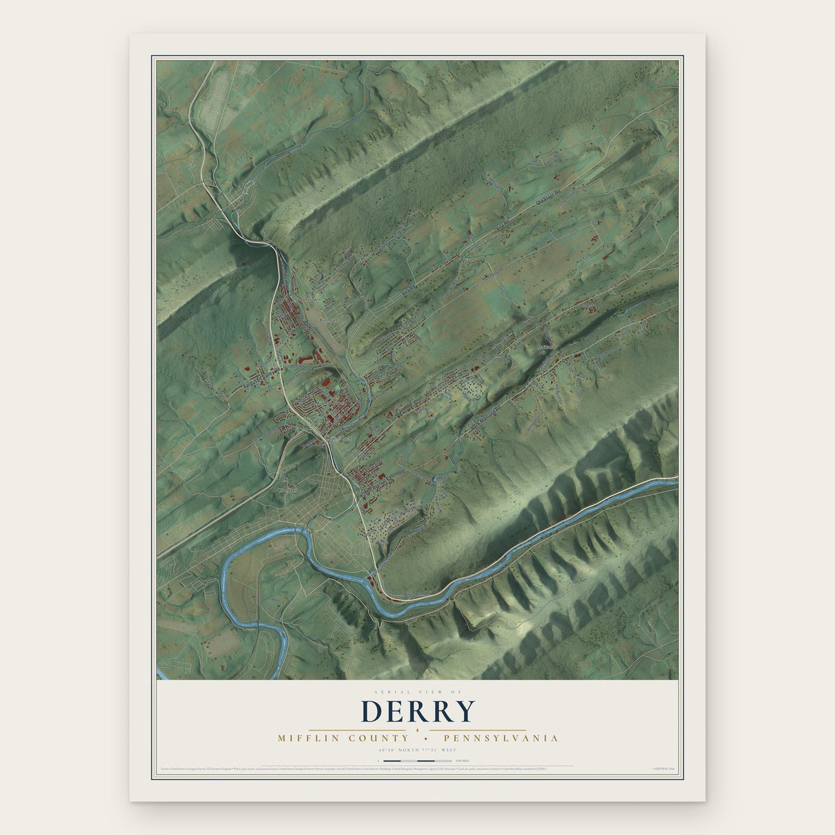 Derry, Mifflin County, Pennsylvania map print, the full design