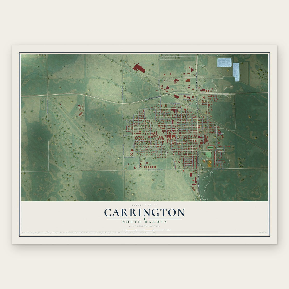 Carrington, North Dakota map print, the full design