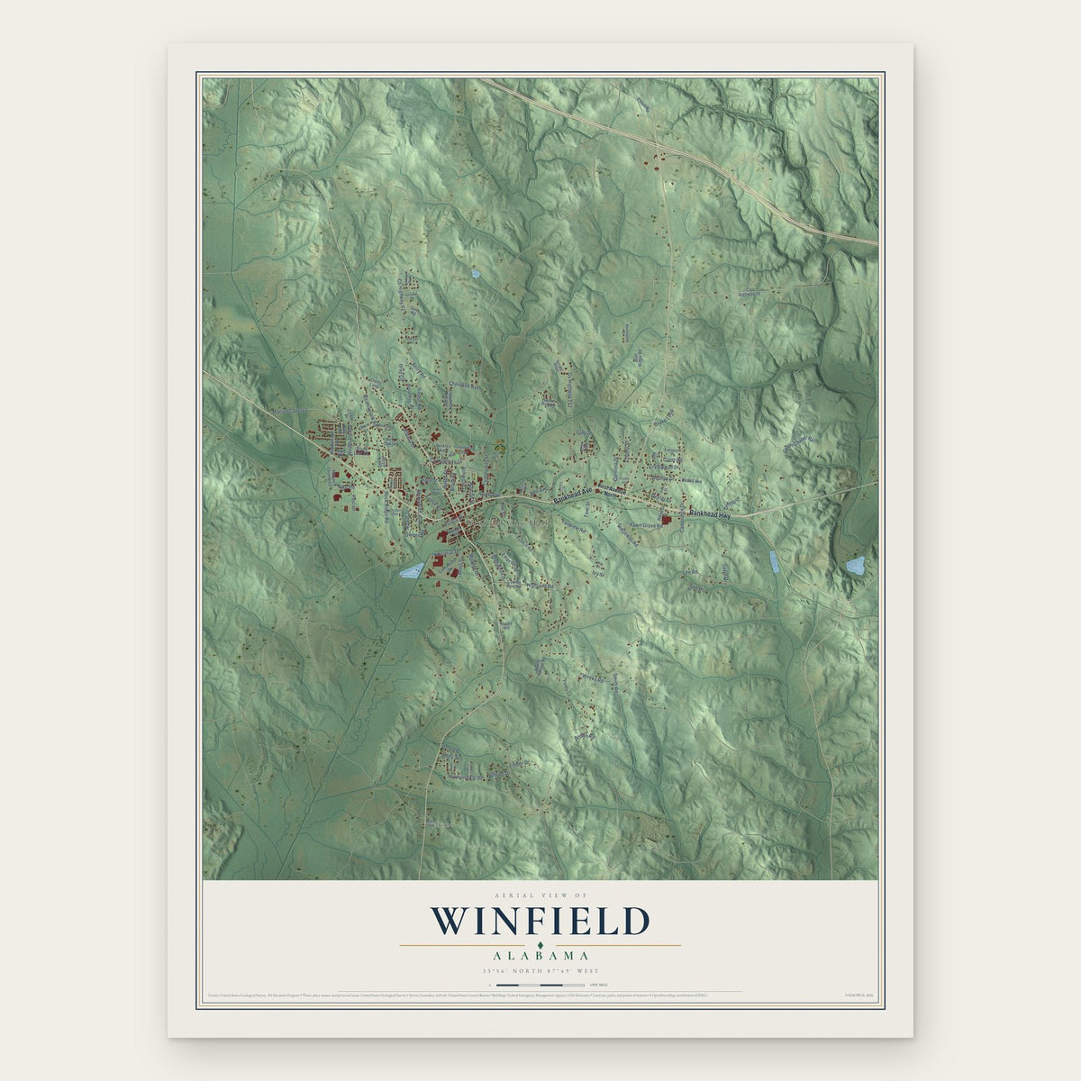 Winfield, Alabama map print, the full design