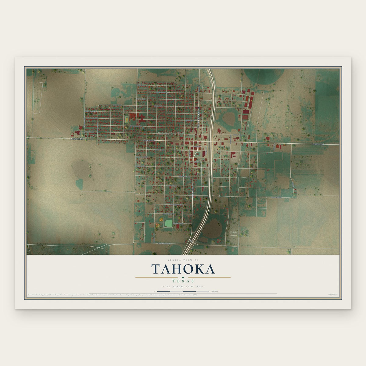 Tahoka, Texas map print, the full design