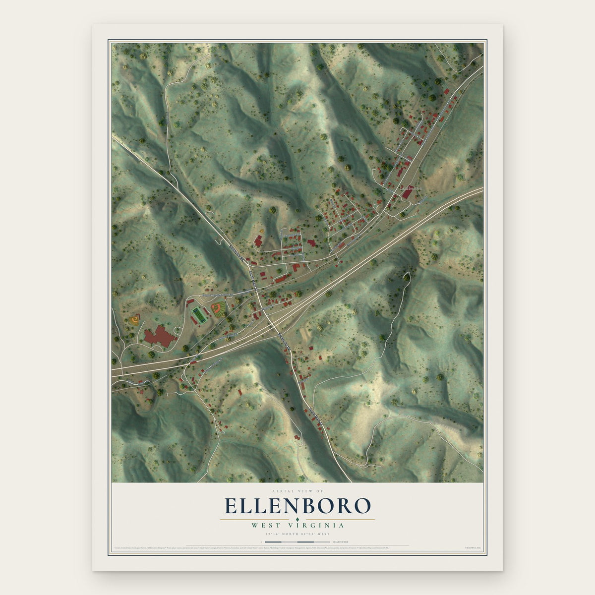 Ellenboro, West Virginia map print, the full design