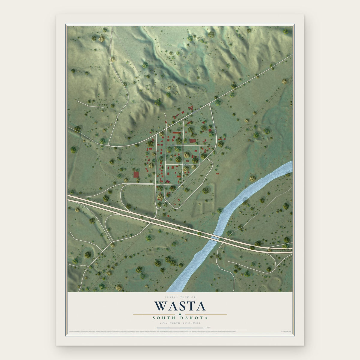 Wasta, South Dakota map print, the full design