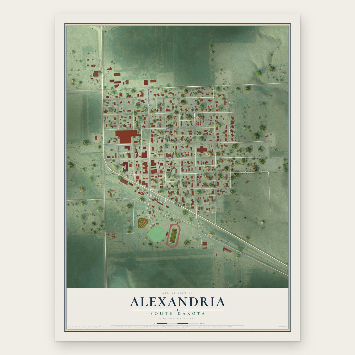 Alexandria, South Dakota map print, the full design