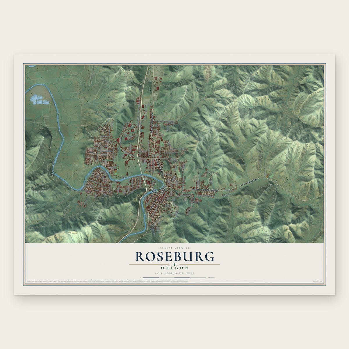 Roseburg, Oregon map print, the full design