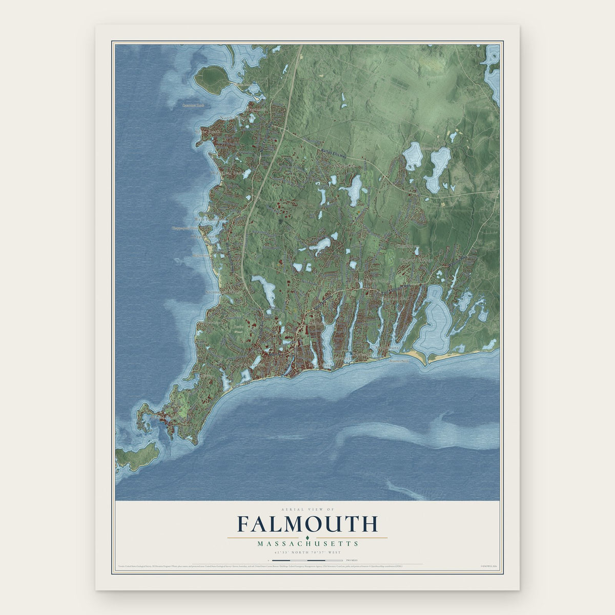 Falmouth, Massachusetts map print, the full design