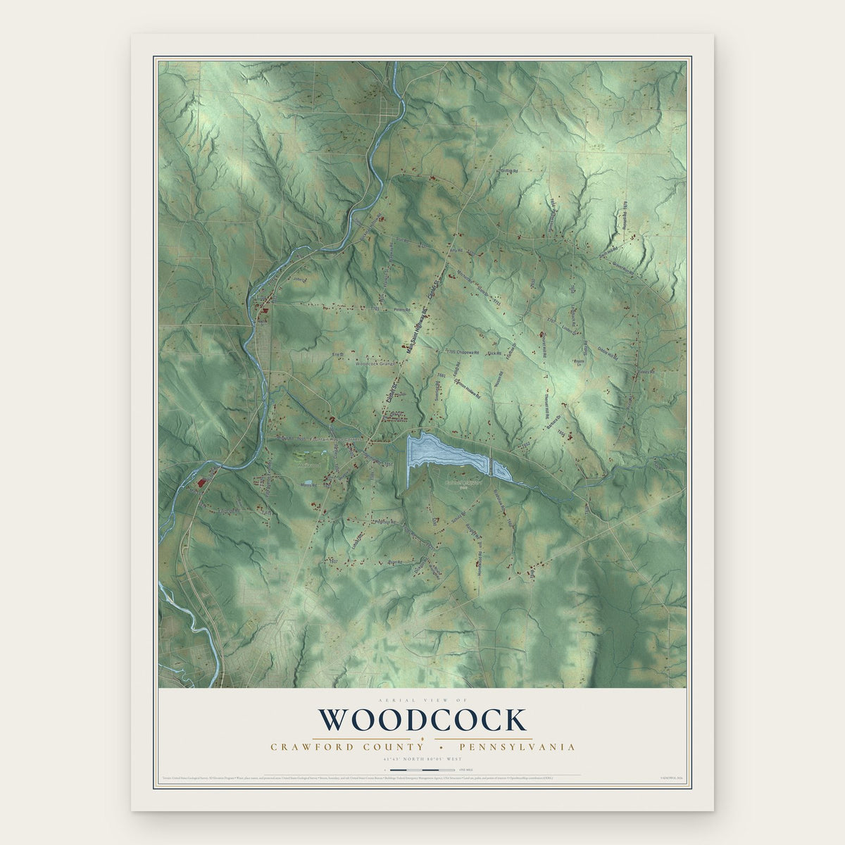 Woodcock, Crawford County, Pennsylvania map print, the full design