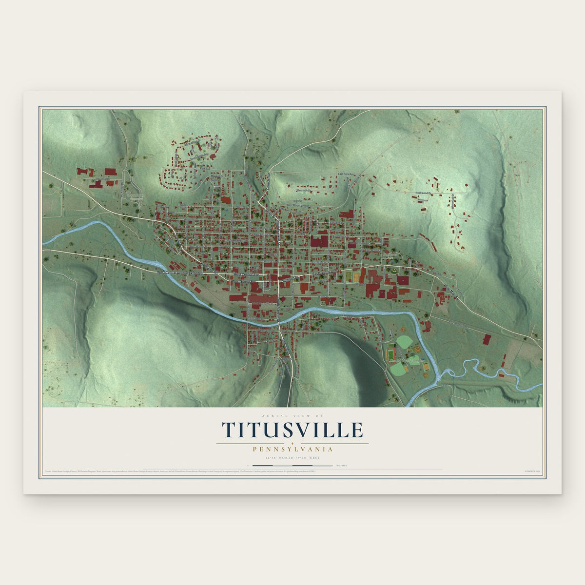 Titusville, Pennsylvania map print, the full design