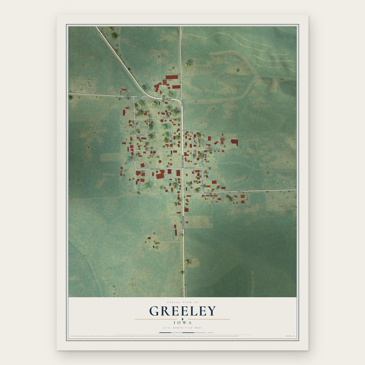 Greeley, Iowa map print, the full design