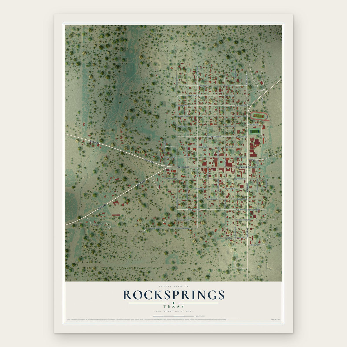 Rocksprings, Texas map print, the full design