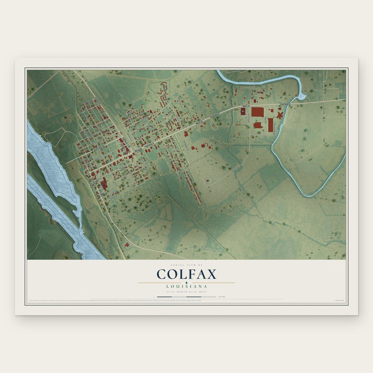 Colfax, Louisiana map print, the full design