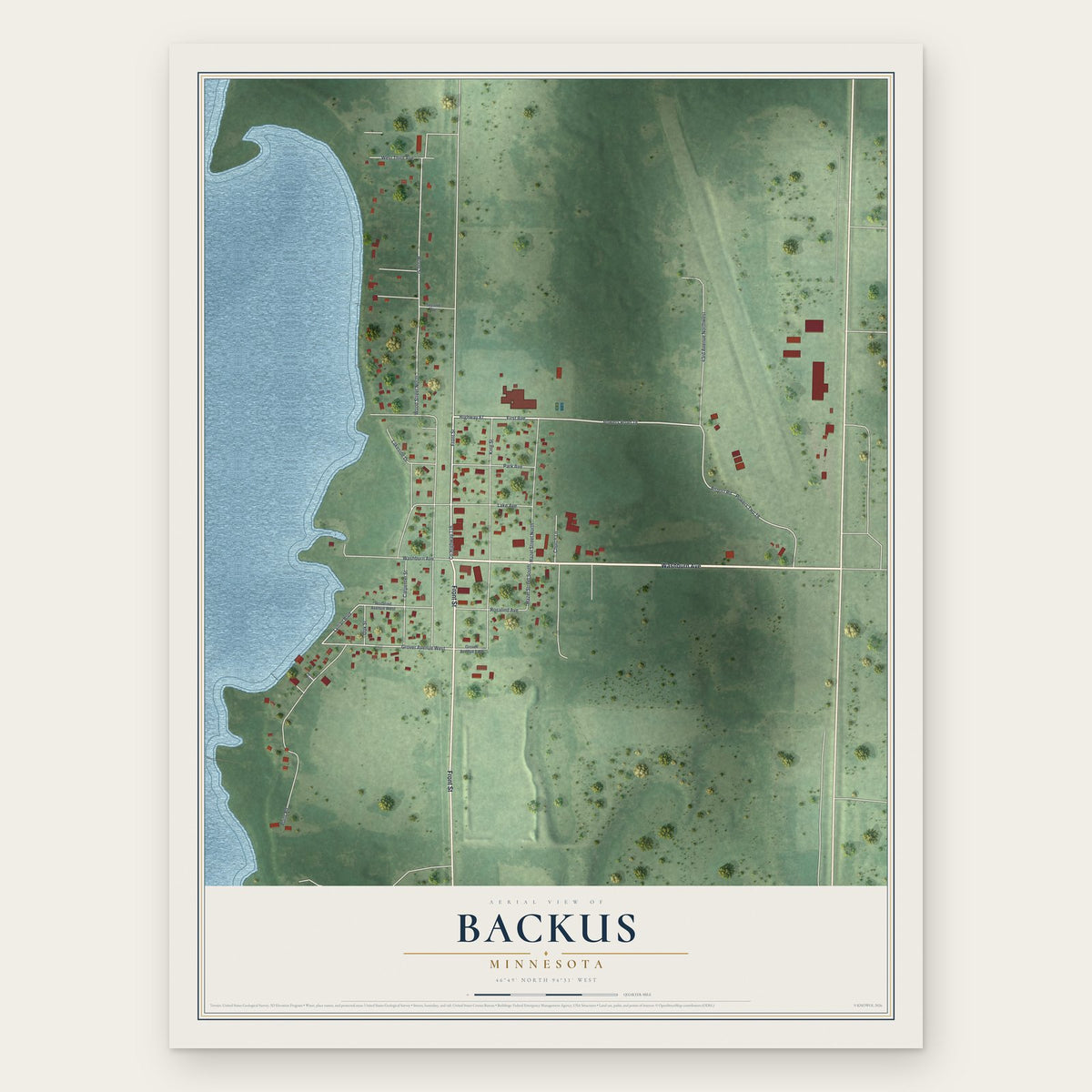 Backus, Minnesota map print, the full design