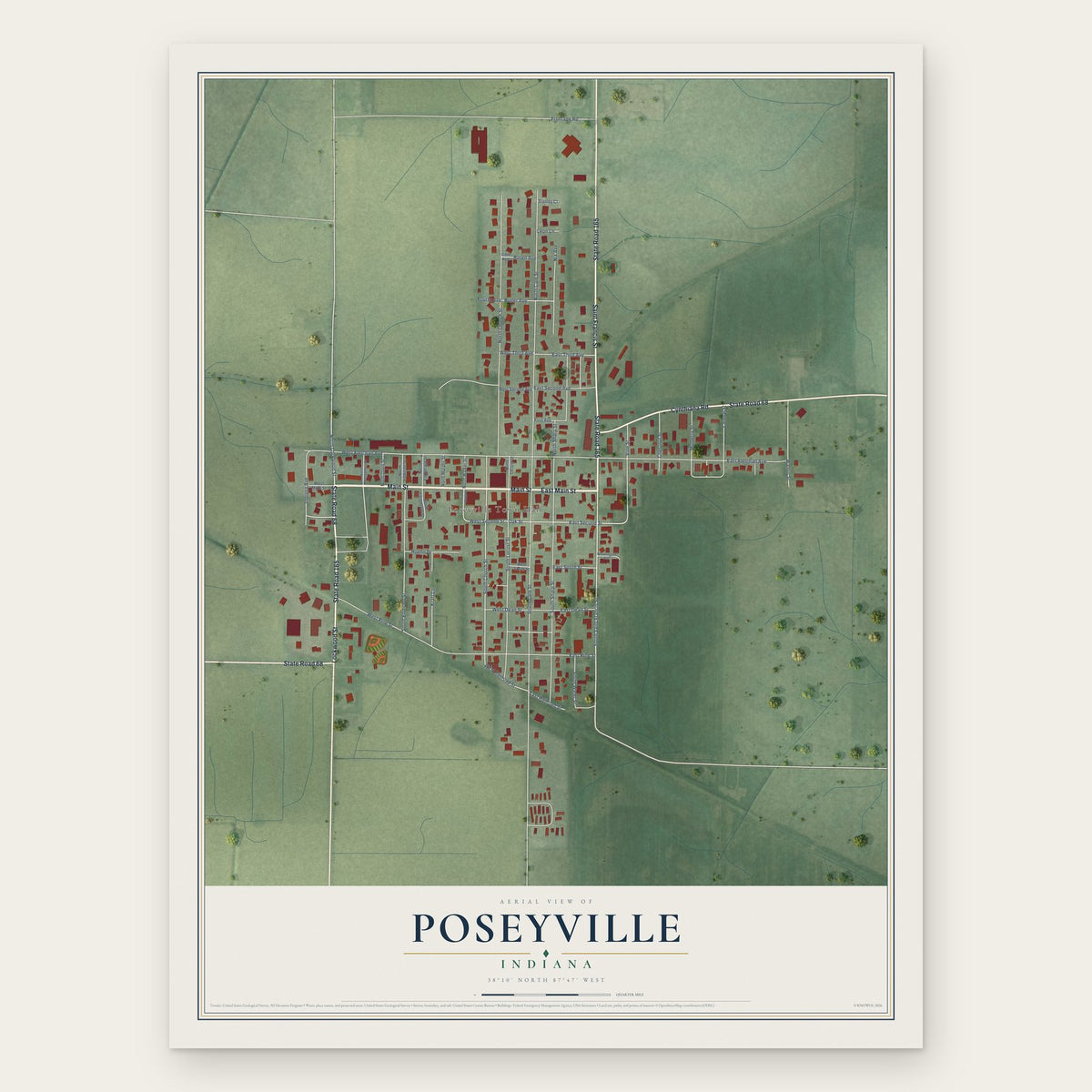 Poseyville, Indiana map print, the full design