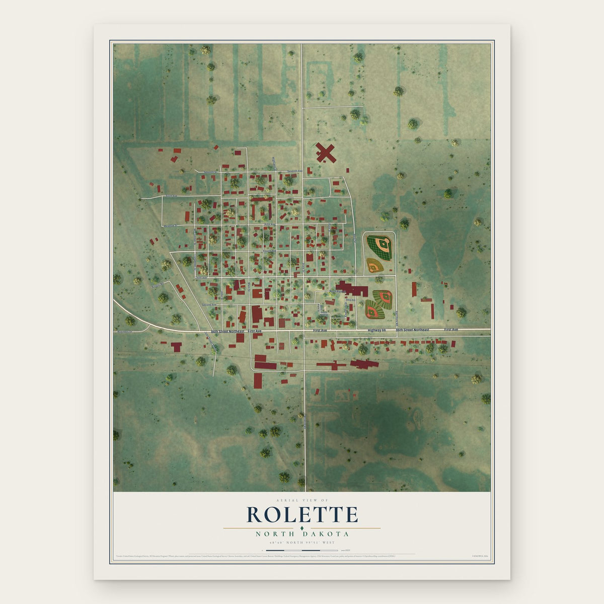 Rolette, North Dakota map print, the full design