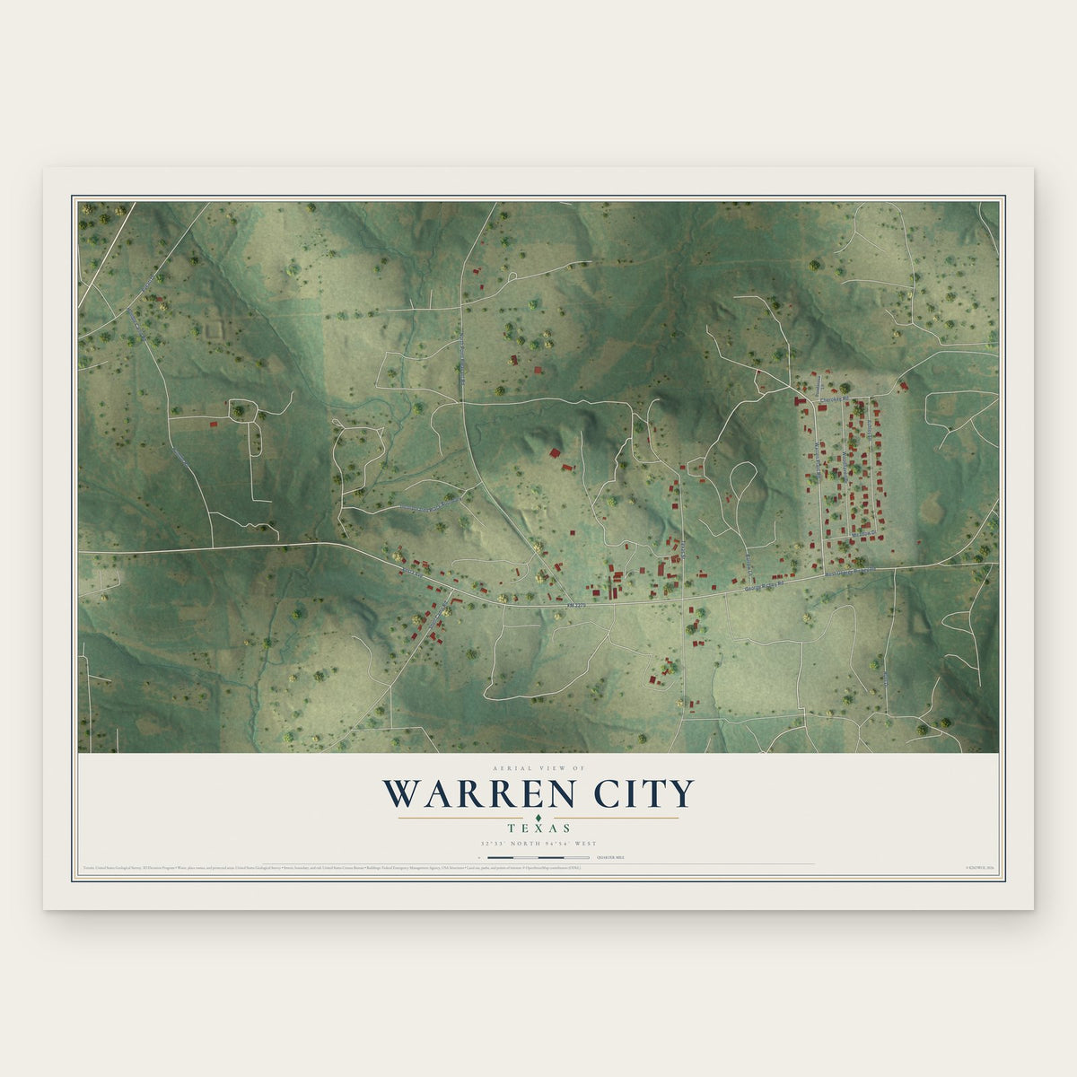 Warren City, Texas map print, the full design