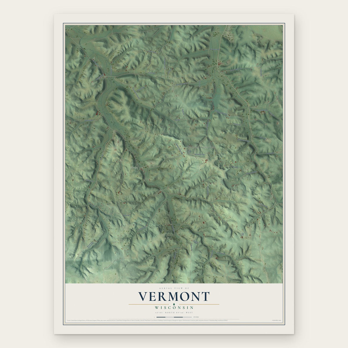 Vermont, Wisconsin map print, the full design