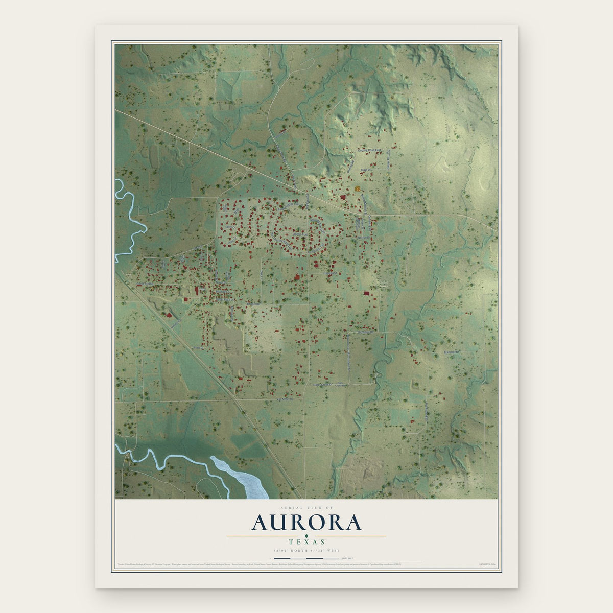 Aurora, Texas map print, the full design