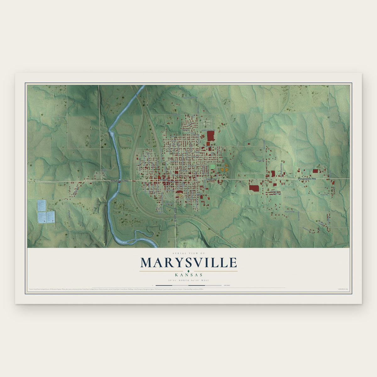 Marysville, Kansas map print, the full design