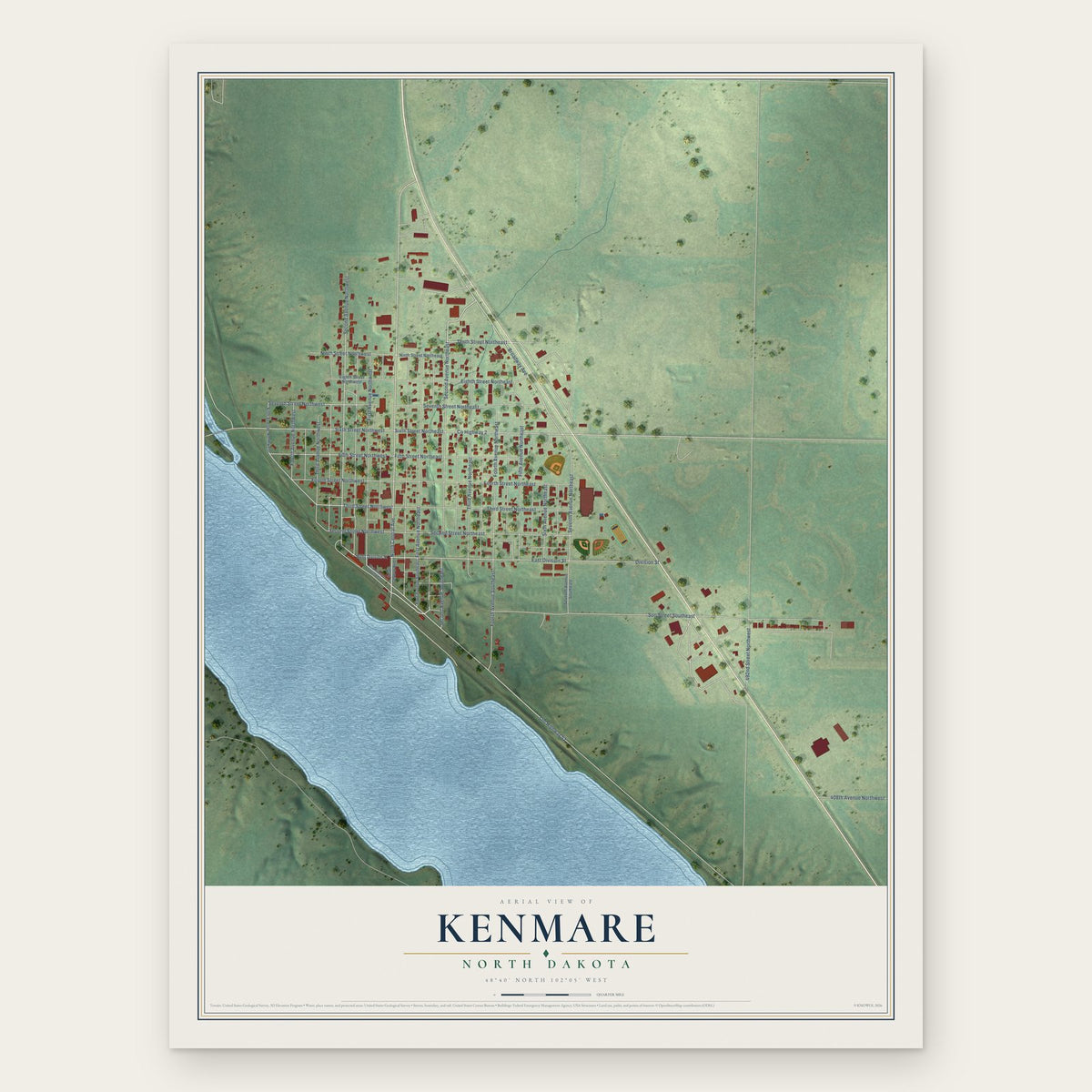 Kenmare, North Dakota map print, the full design