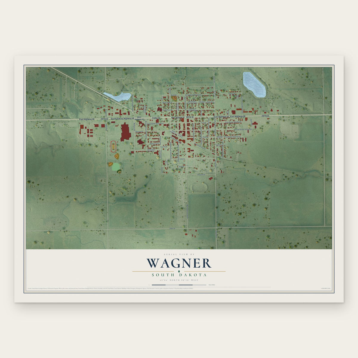 Wagner, South Dakota map print, the full design