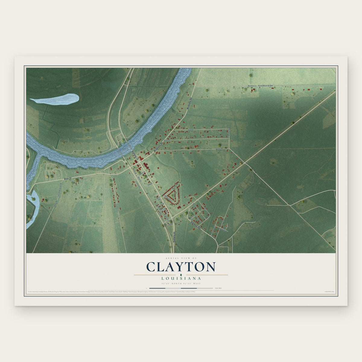 Clayton, Louisiana map print, the full design