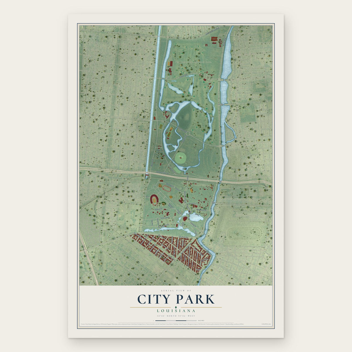 City Park, Louisiana map print, the full design