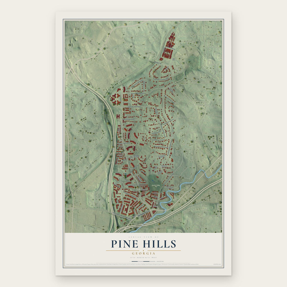 Pine Hills, Georgia map print, the full design