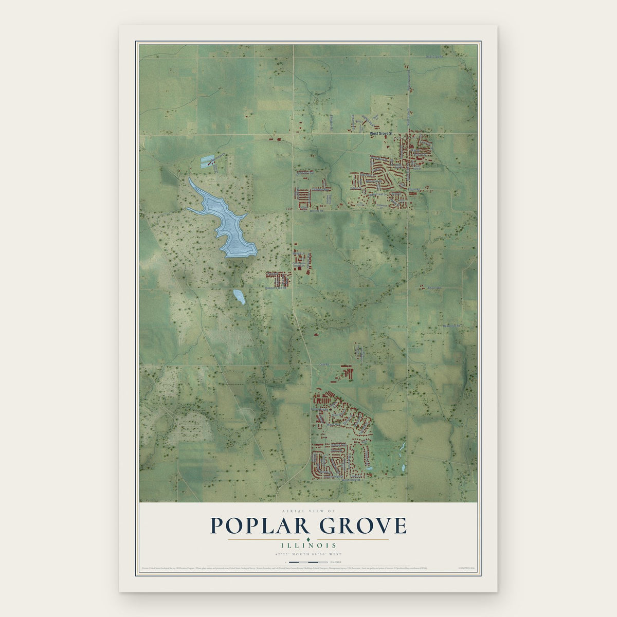 Poplar Grove, Illinois map print, the full design