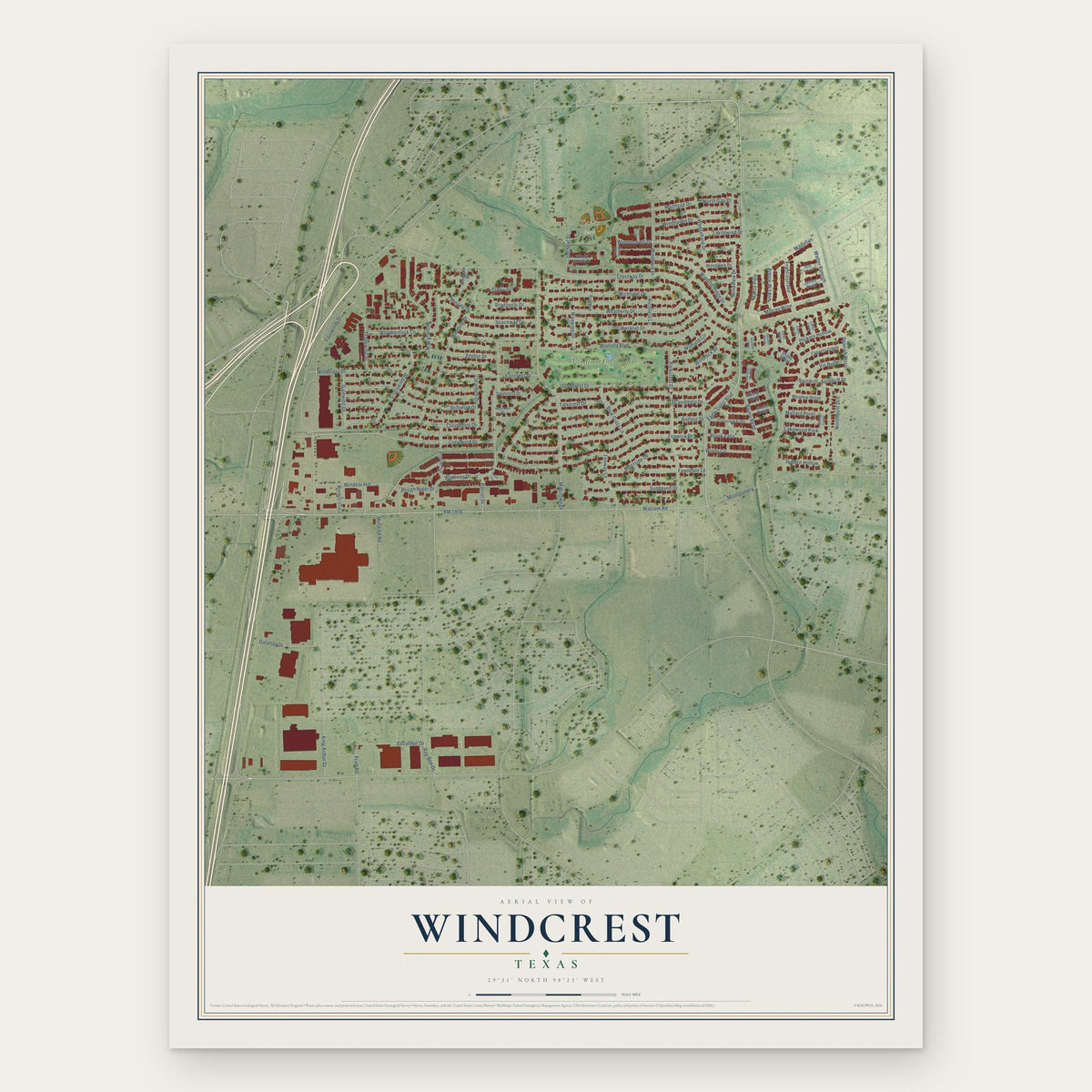 Windcrest, Texas map print, the full design